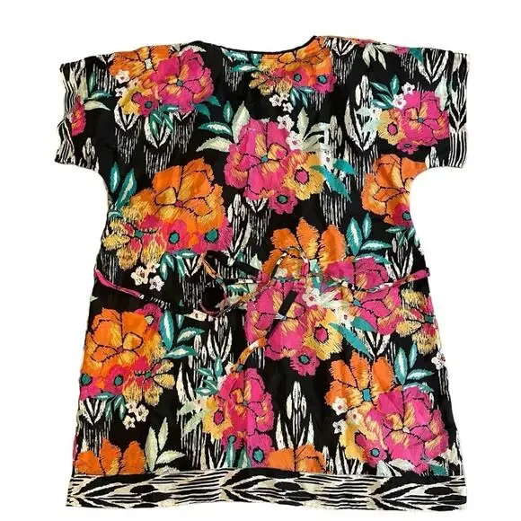 Johnny Was 100% Silk Floral Pullover Mumu Tunic Top Short Sleeve V-Neck Size XS - Picture 3 of 8